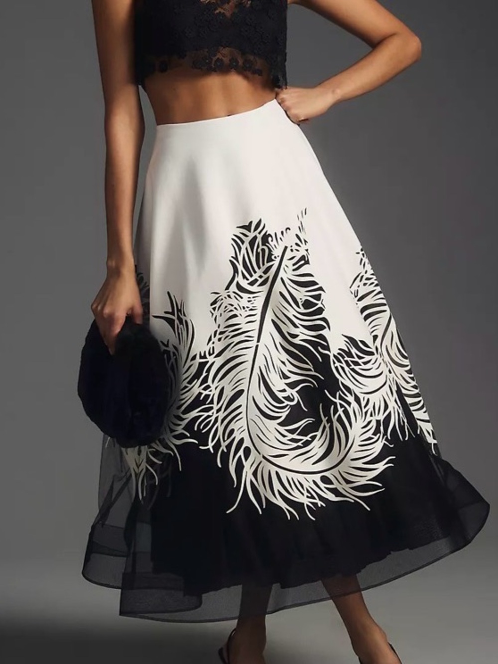 Geisha Designs Feather Tulle Maxi Skirt High Waist A-Line Black White Size XS